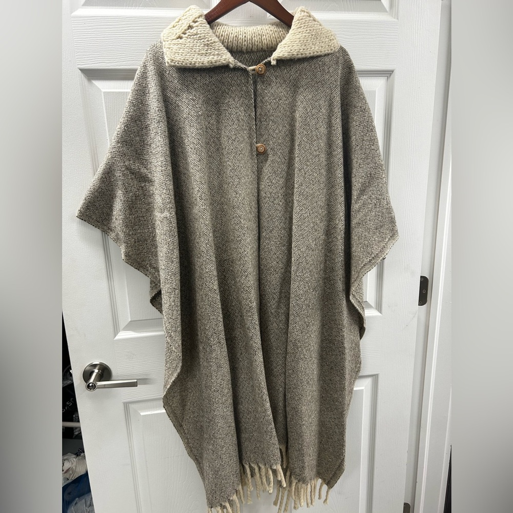 Cozy Gray and Cream Poncho with Fringe